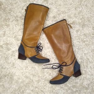 Anthro Schuler & Sons navy blue & brown leather block heel oxford boots